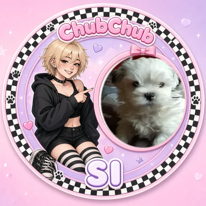 Round coin-style badge: Lexi, a cute alt character with blond hair and a black hoodie, points at a photo of the real Chubby, a fluffy white puppy, inside a pink frame with the words ChubChub SI.