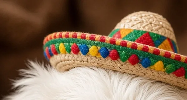 The tiny woven sombrero with a rainbow band, perched on the puppy's head