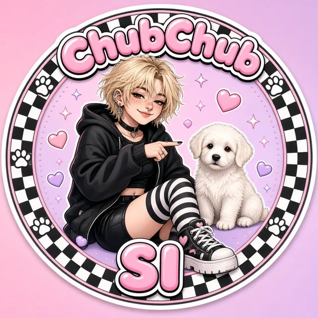 Round coin-style badge: Lexi, a soft-goth character with blond hair, points at a fluffy white puppy on a checkerboard and paw-print border with the words ChubChub SI.